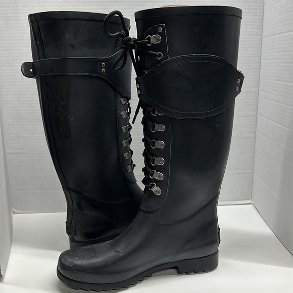 Ugg Madelyn Rain Boots 16" Tall Lace Up Military Waterproof Boot Black Size 8 - Picture 8 of 11